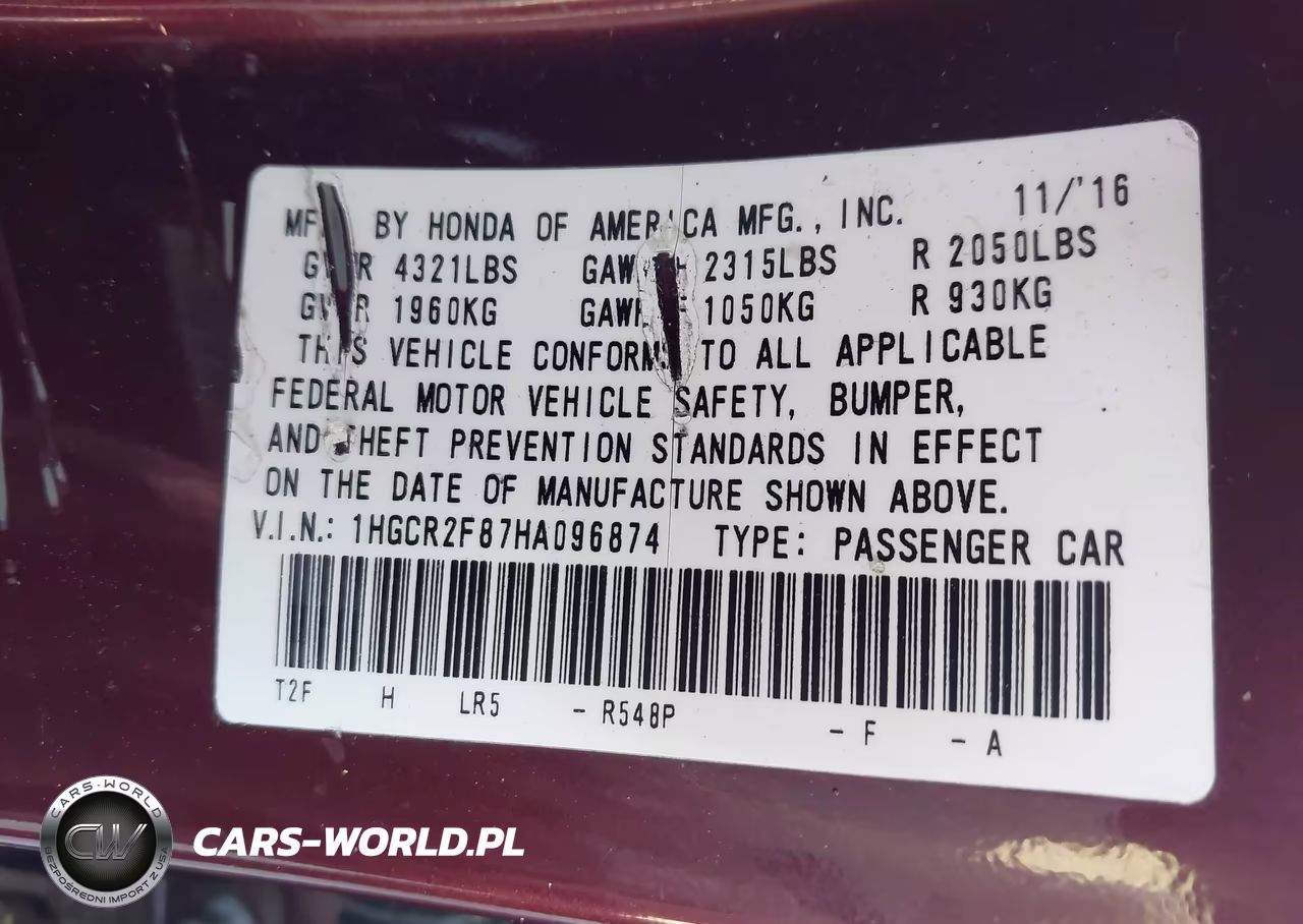 2017 Honda Accord Ex-L VIN:1HGCR2F87HA096874 - 9
