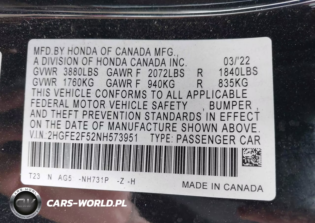 2022 Honda Civic Sport VIN:2HGFE2F52NH573951 - 9