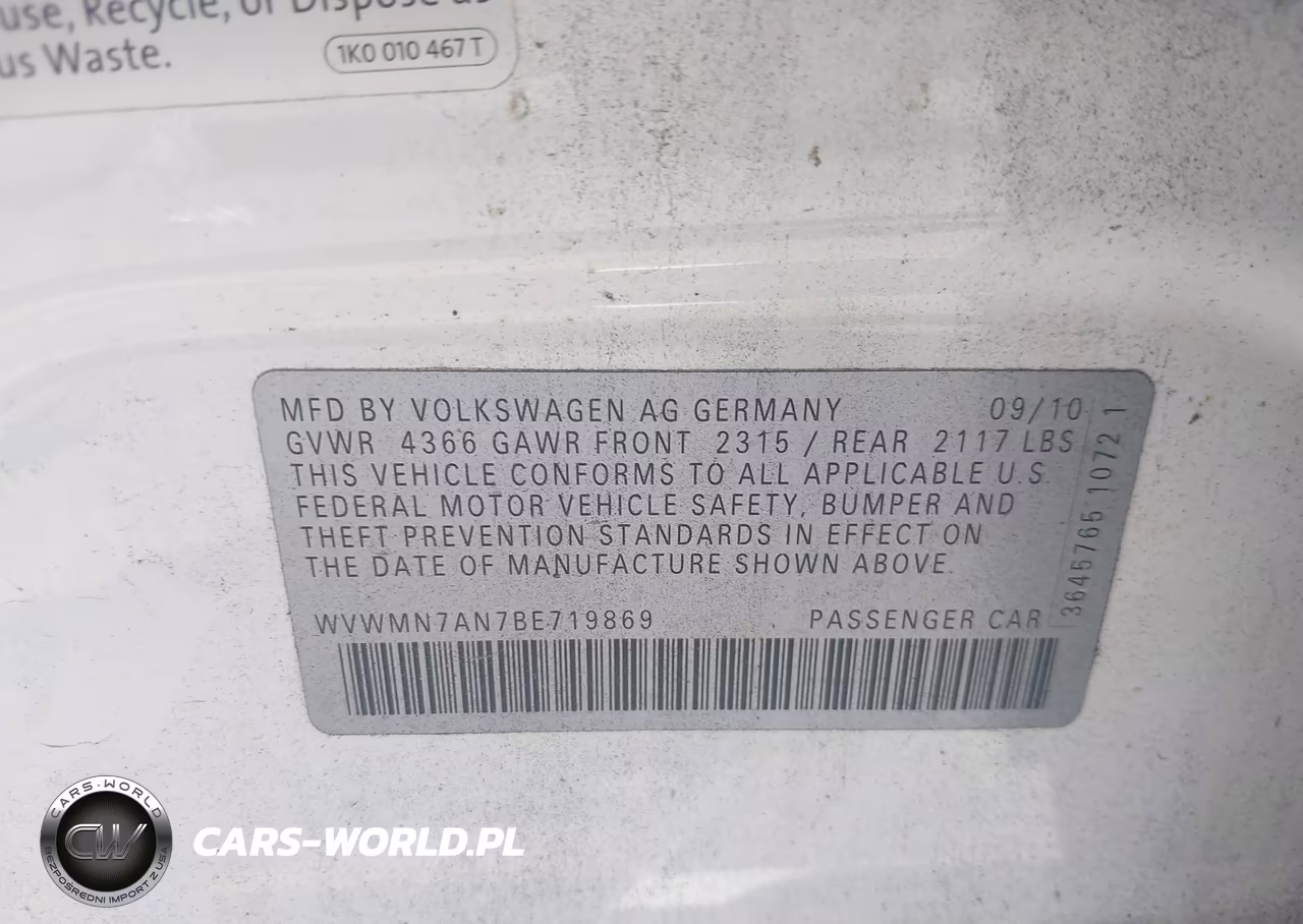 2011 Volkswagen Cc Sport VIN:WVWMN7AN7BE719869 - 9