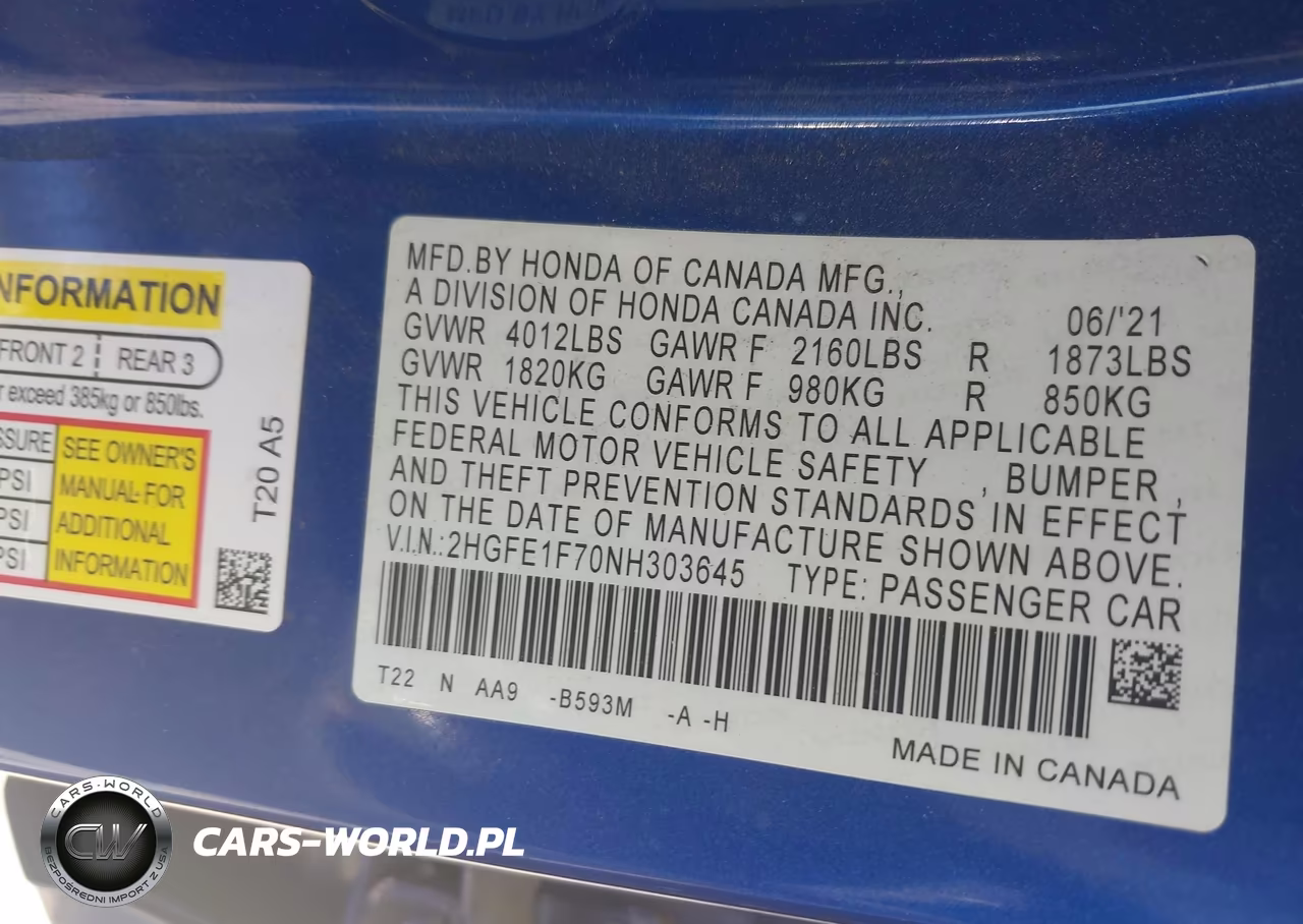 2022 Honda Civic Ex VIN:2HGFE1F70NH303645 - 9