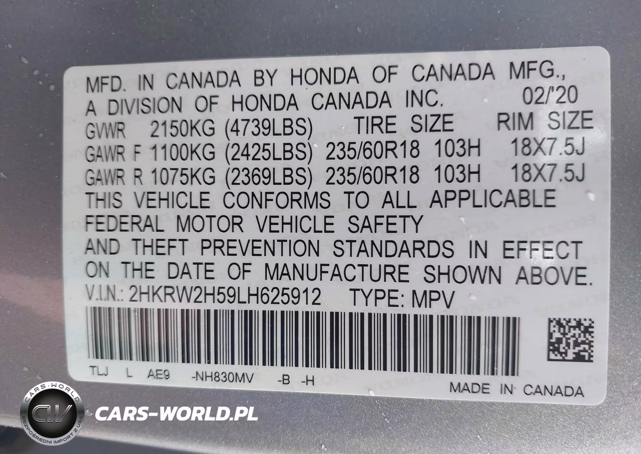 2020 Honda Cr-V Awd Ex VIN:2HKRW2H59LH625912 - 9