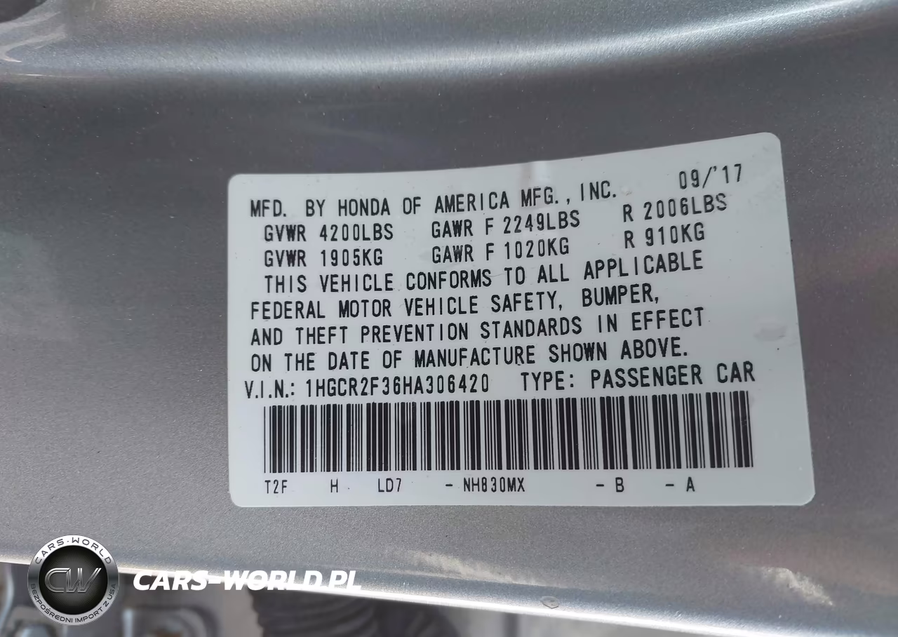 2017 Honda Accord Lx VIN:1HGCR2F36HA306420 - 9