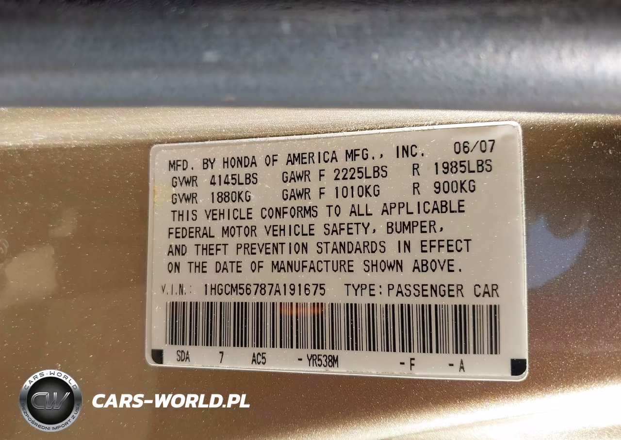 2007 Honda Accord 2.4 Ex VIN:1HGCM56787A191675 - 9