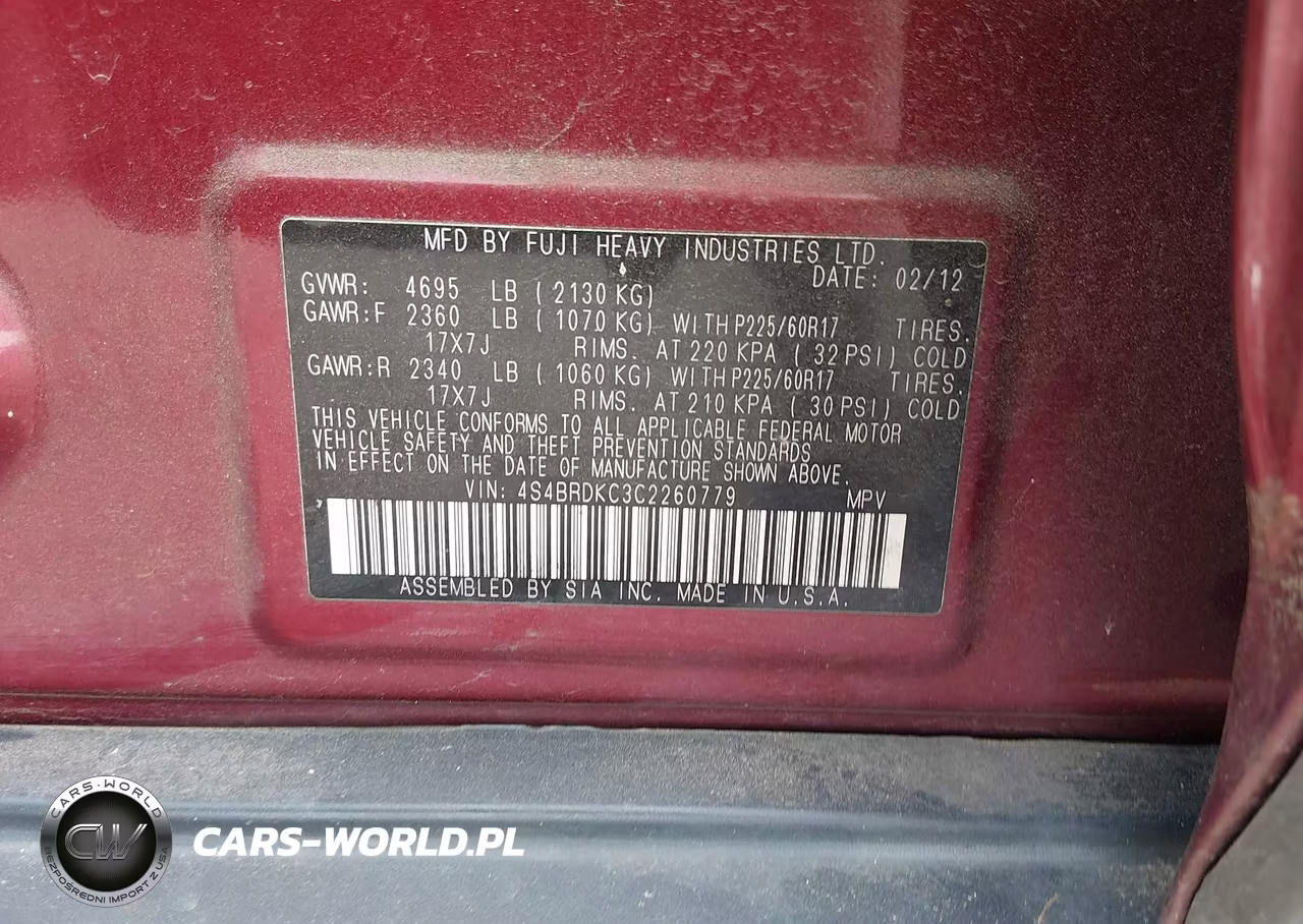 2012 Subaru Outback 3.6R Limited VIN:4S4BRDKC3C2260779 - 9
