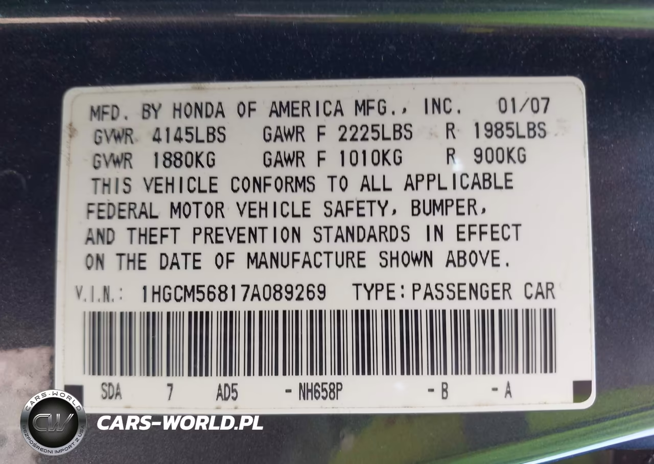 2007 Honda Accord 2.4 Ex VIN:1HGCM56817A089269 - 9