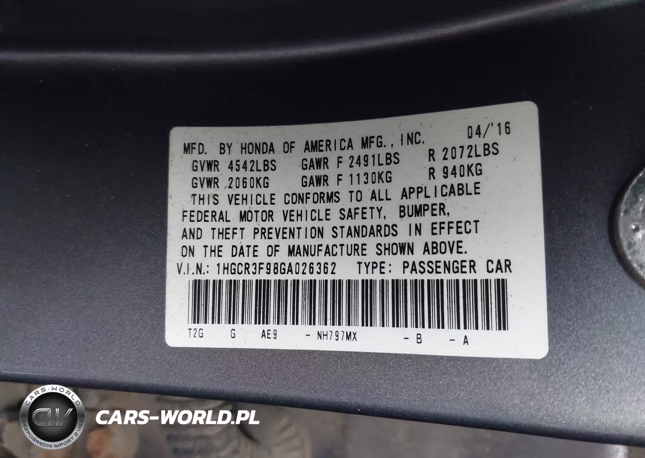 2016 Honda Accord Touring VIN:1HGCR3F98GA026362 - 9
