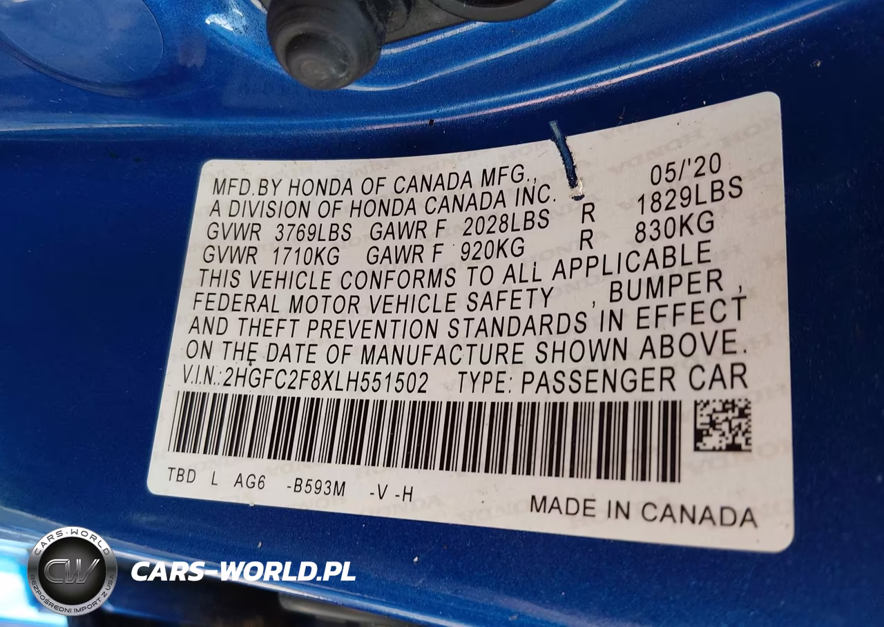2020 Honda Civic Sport VIN:2HGFC2F8XLH551502 - 9