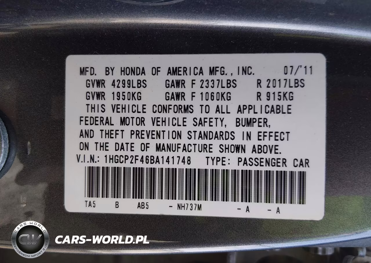 2011 Honda Accord 2.4 Lx-P VIN:1HGCP2F46BA141748 - 9