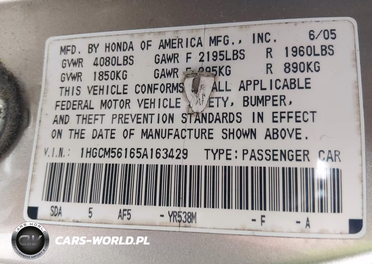 2005 Honda Accord 2.4 Dx-Dx Vp VIN:1HGCM56165A163429 - 9