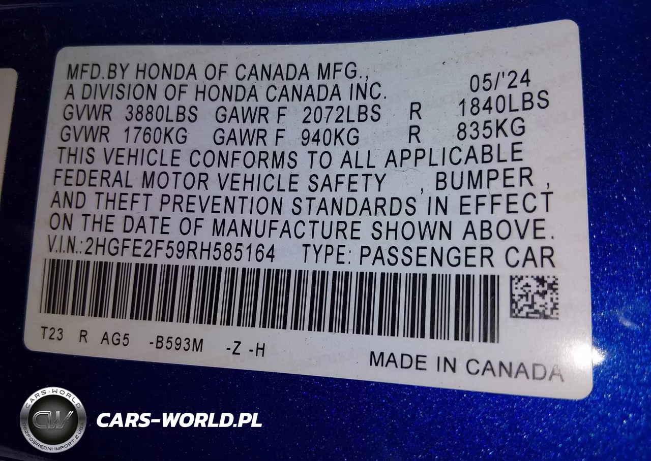 2024 Honda Civic Sport VIN:2HGFE2F59RH585164 - 9