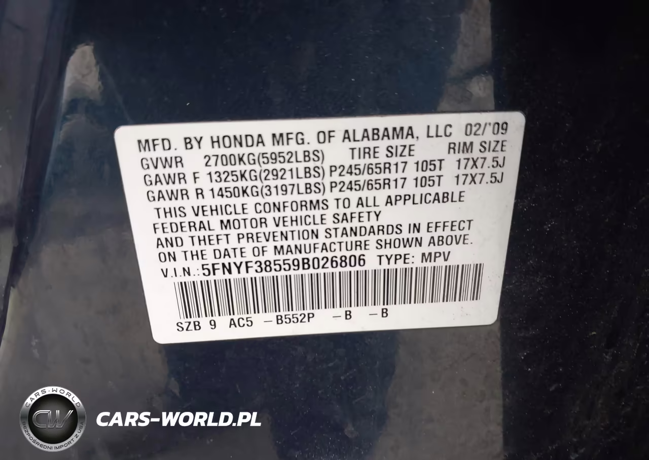 2009 Honda Pilot Ex-L VIN:5FNYF38559B026806 - 9