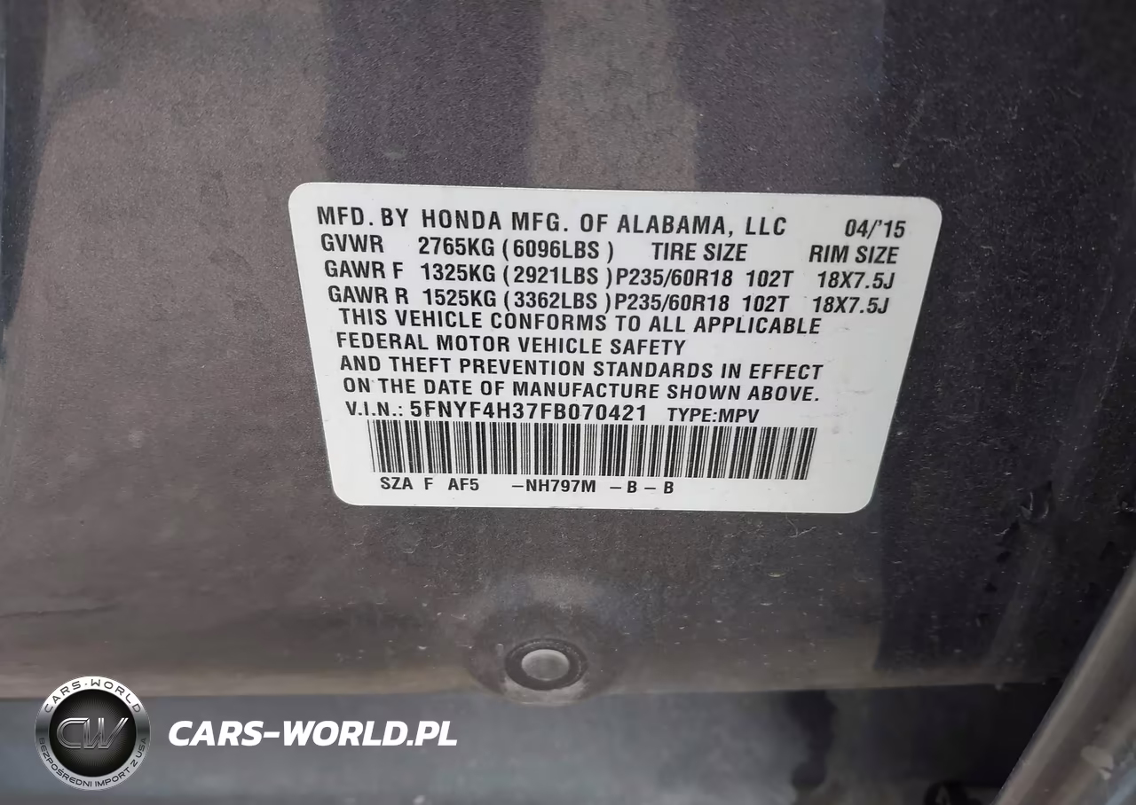 2015 Honda Pilot Se VIN:5FNYF4H37FB070421 - 9