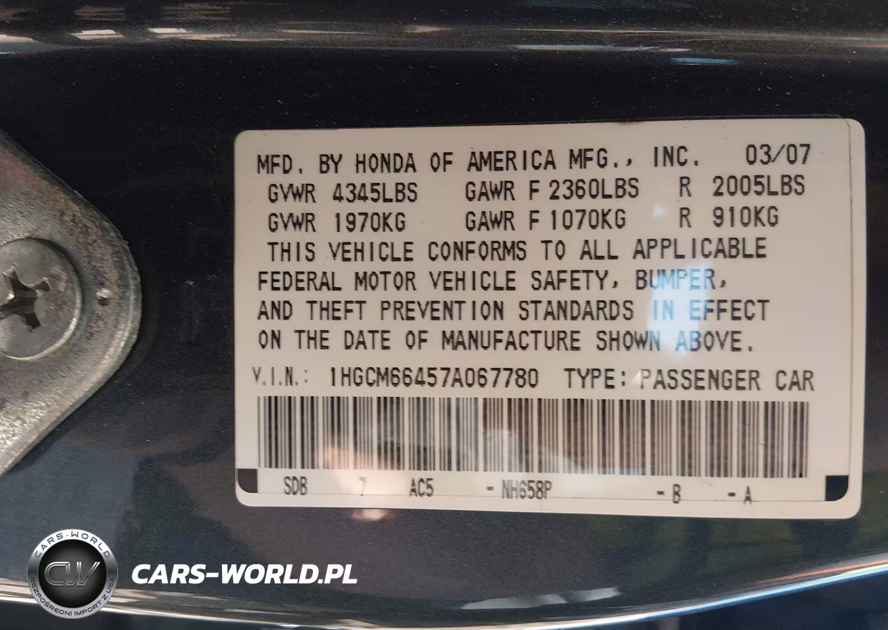 2007 Honda Accord 3.0 Se VIN:1HGCM66457A067780 - 9