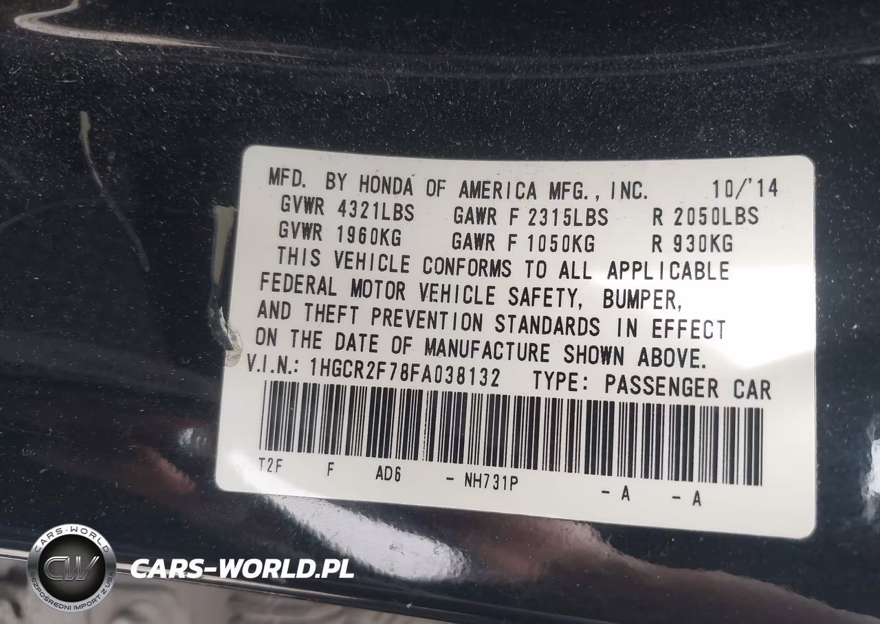 2015 Honda Accord Ex VIN:1HGCR2F78FA038132 - 9