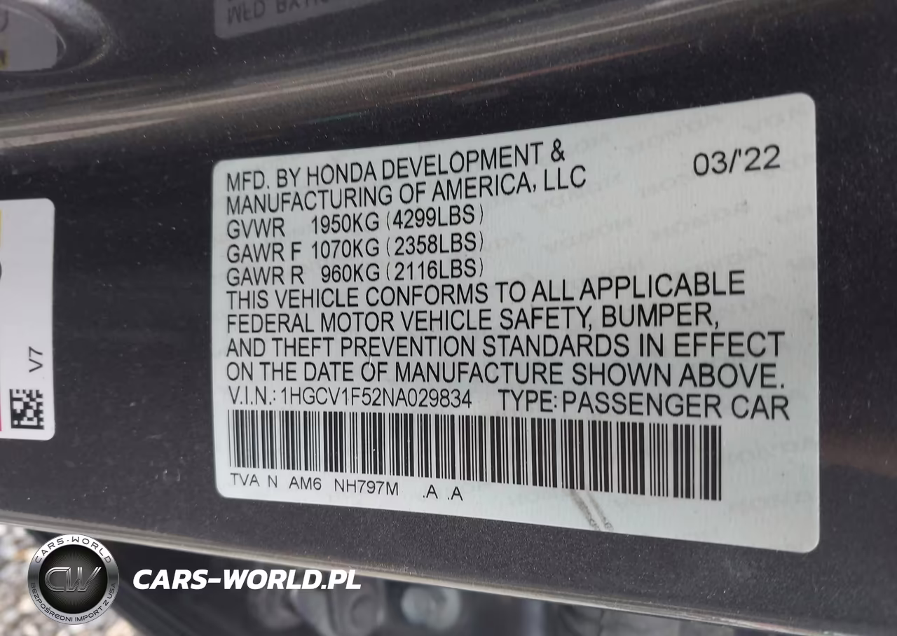 2022 Honda Accord Ex-L VIN:1HGCV1F52NA029834 - 9