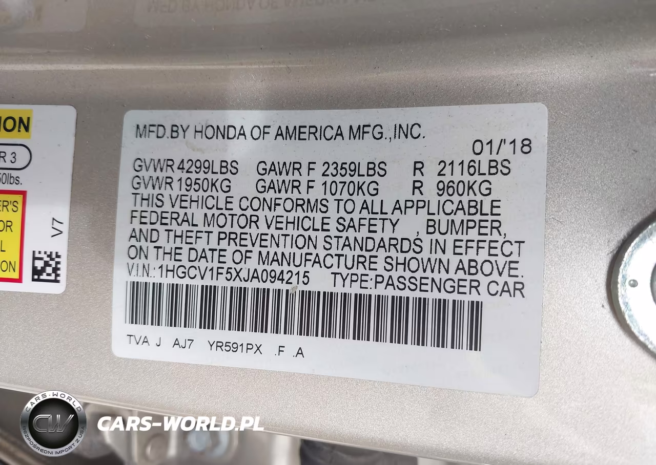 2018 Honda Accord Ex-L VIN:1HGCV1F5XJA094215 - 9