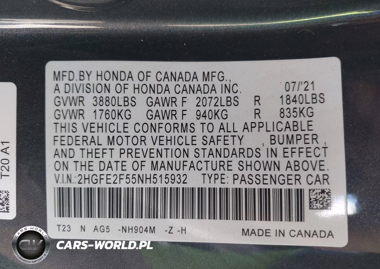 2022 Honda Civic Sport VIN:2HGFE2F55NH515932 - 9