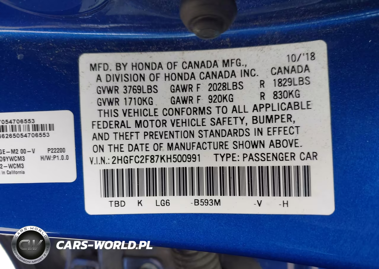 2019 Honda Civic Sport VIN:2HGFC2F87KH500991 - 9