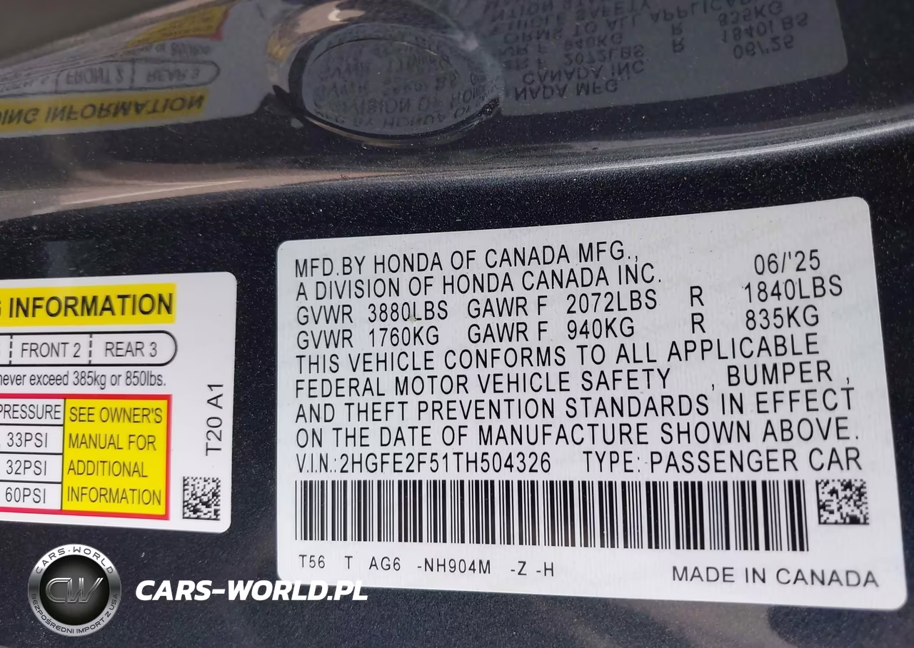 2026 Honda Civic Sport VIN:2HGFE2F51TH504326 - 9