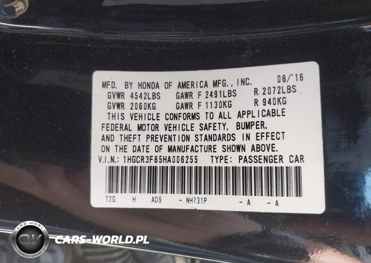 2017 Honda Accord Ex-L V6 VIN:1HGCR3F85HA006255 - 9