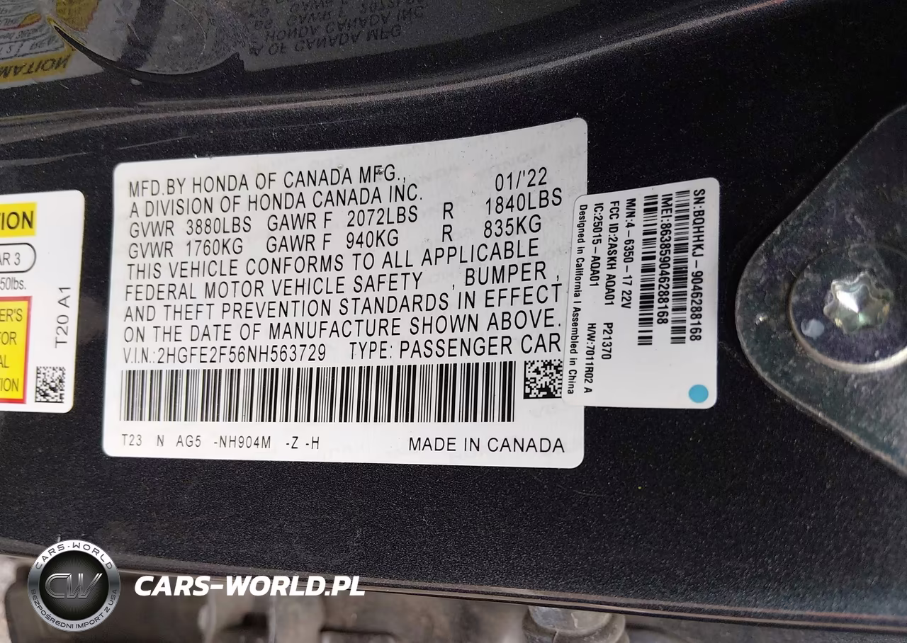 2022 Honda Civic Sport VIN:2HGFE2F56NH563729 - 9