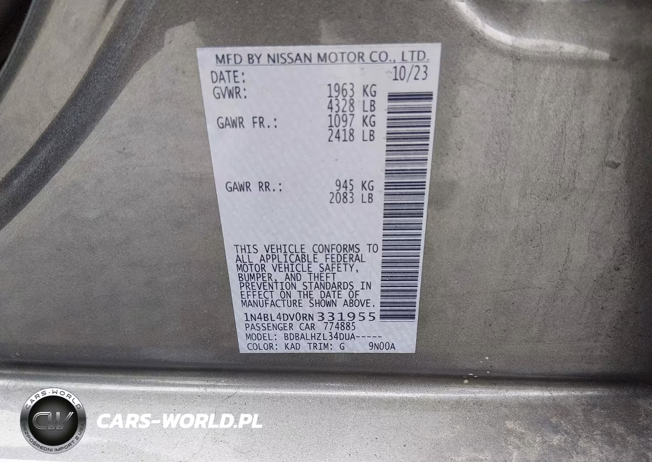 2024 Nissan Altima Sv Fwd VIN:1N4BL4DV0RN331955 - 9