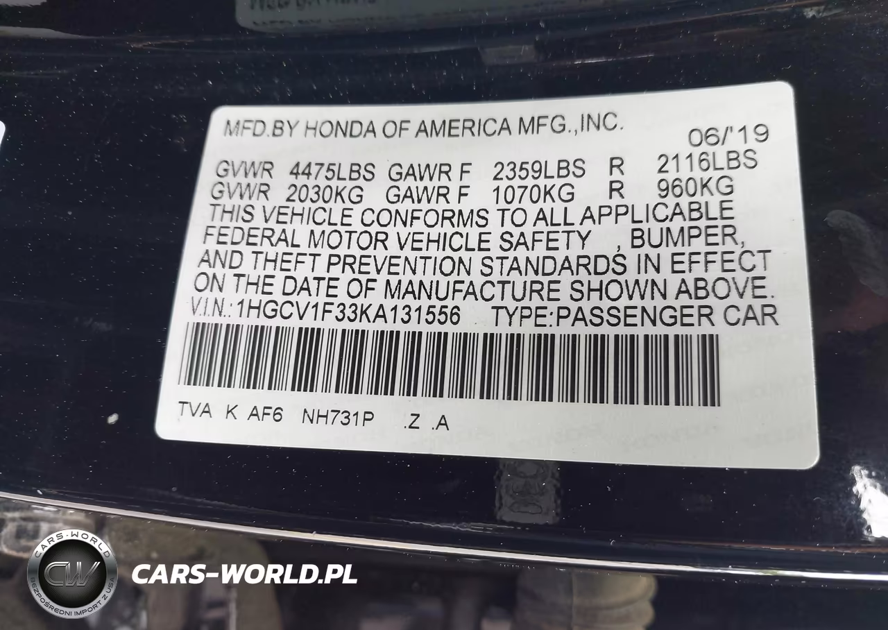 2019 Honda Accord Sport VIN:1HGCV1F33KA131556 - 9