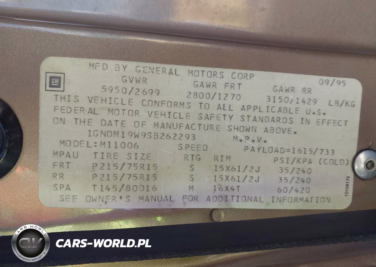 1995 Chevrolet Astro VIN:1GNDM19W9SB262293 - 9