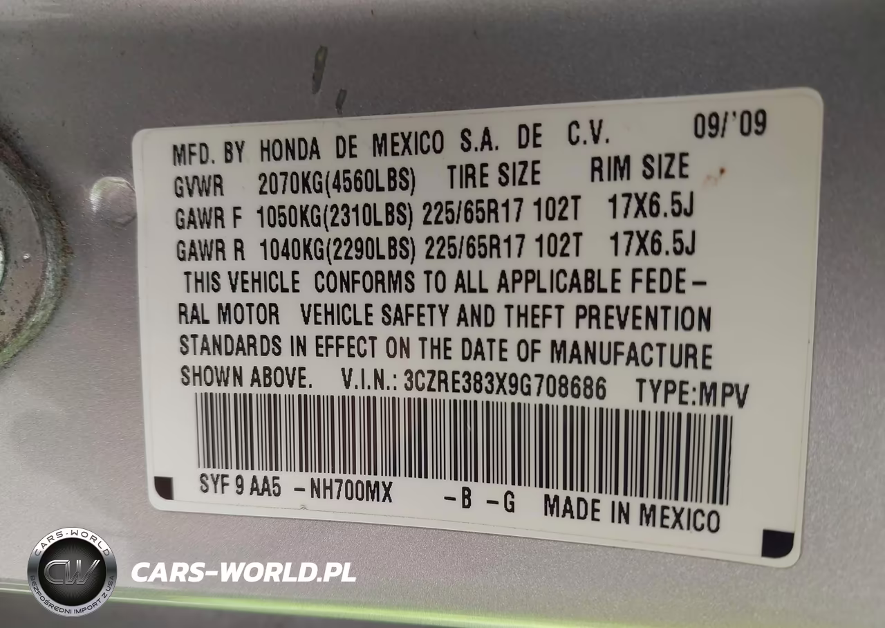 2009 Honda Cr-V Lx VIN:3CZRE383X9G708686 - 9