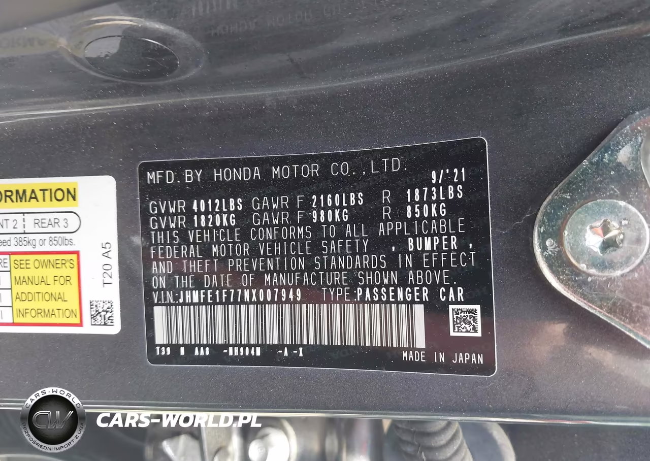 2022 Honda Civic Ex VIN:JHMFE1F77NX007949 - 9