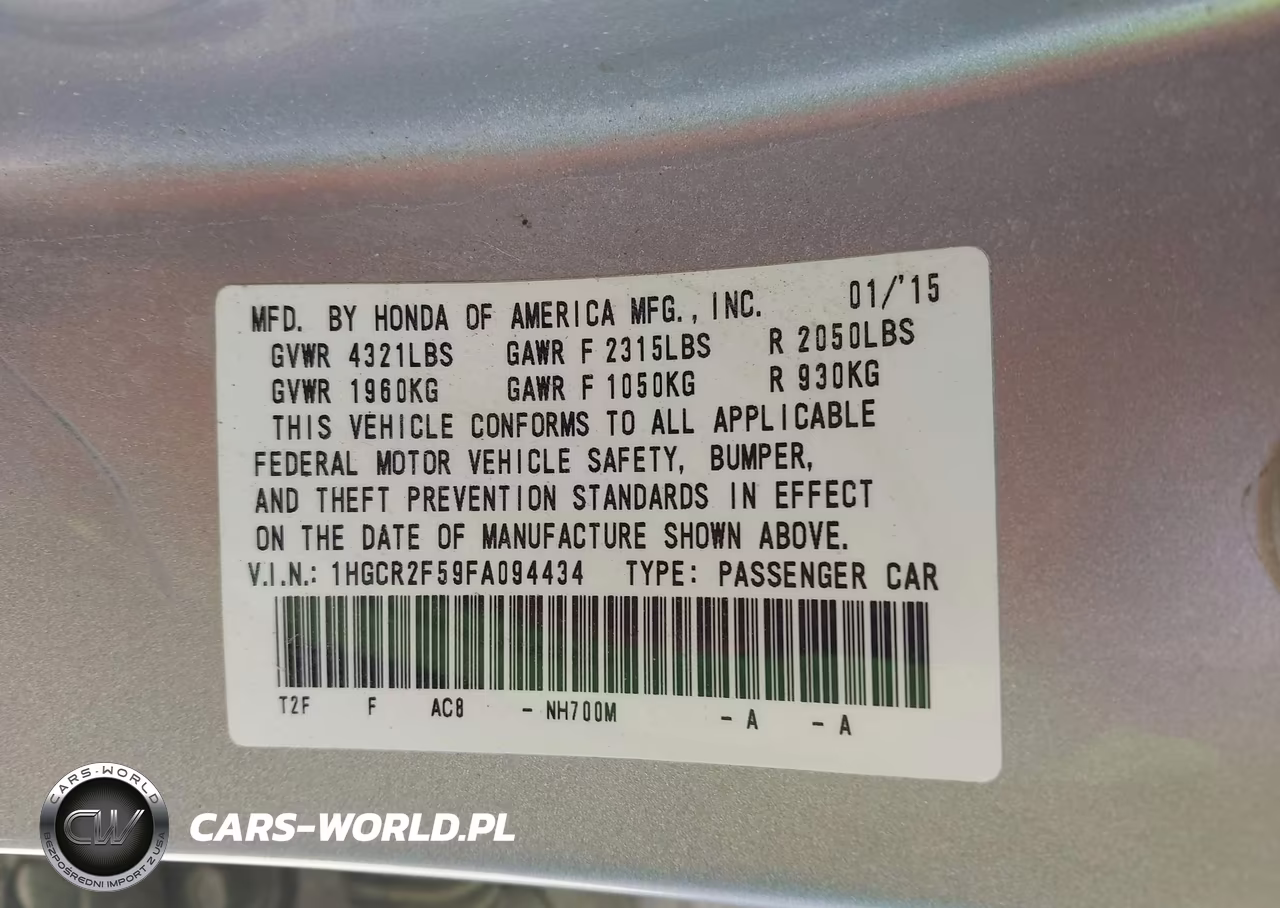 2015 Honda Accord Sport VIN:1HGCR2F59FA094434 - 9