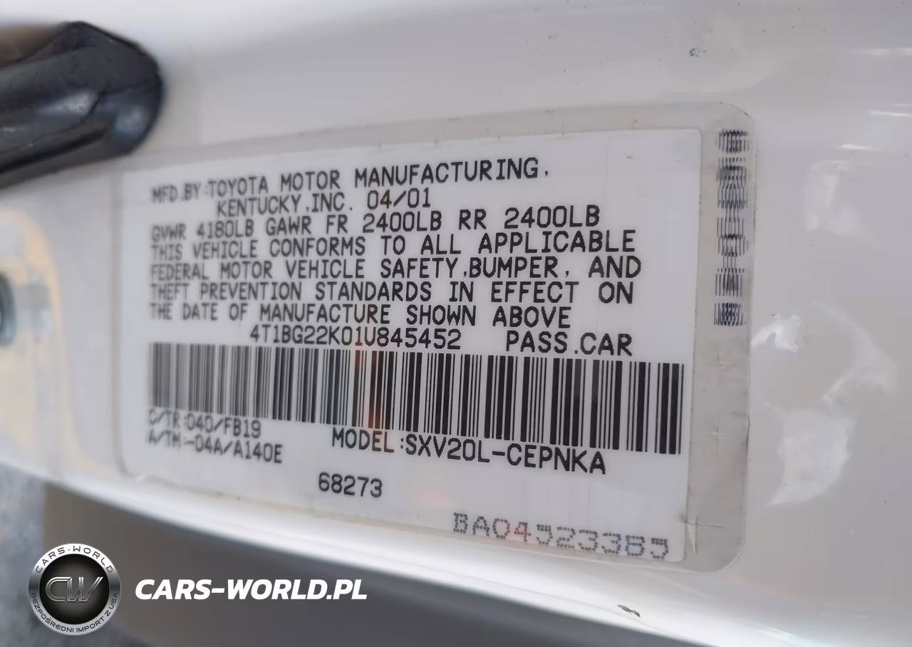 2001 Toyota Camry Le VIN:4T1BG22K01U845452 - 9