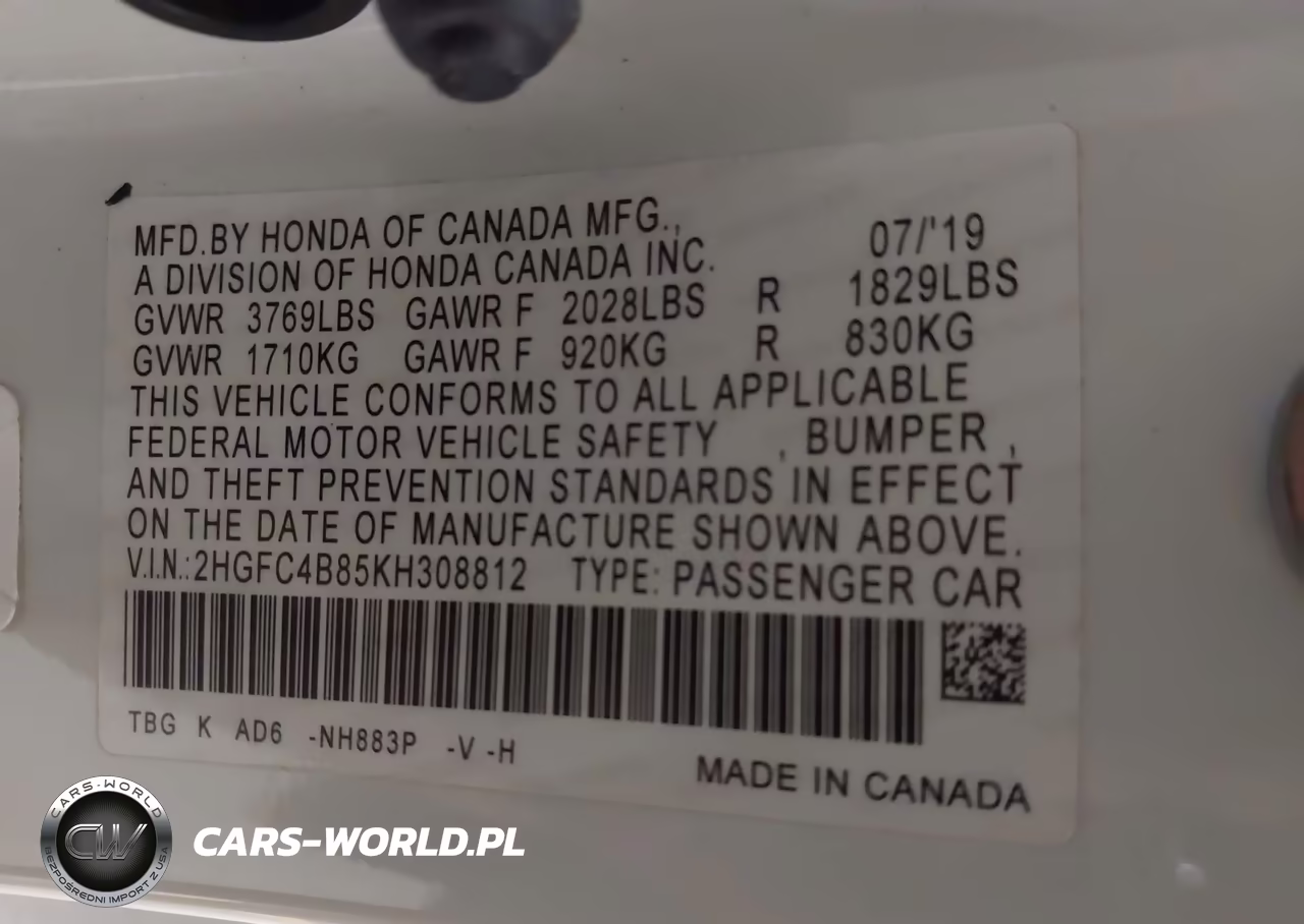 2019 Honda Civic Sport VIN:2HGFC4B85KH308812 - 9