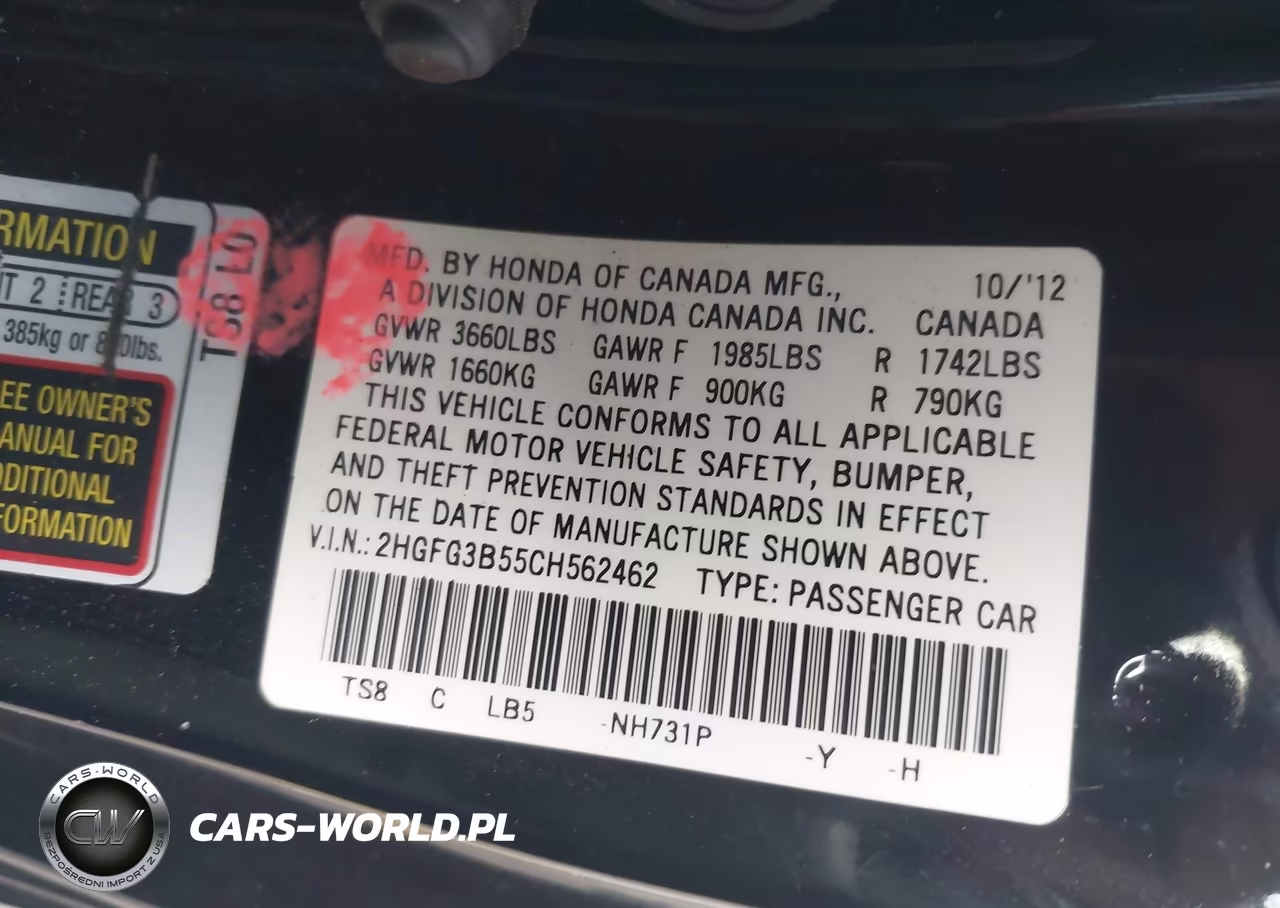 2012 Honda Civic Lx VIN:2HGFG3B55CH562462 - 9
