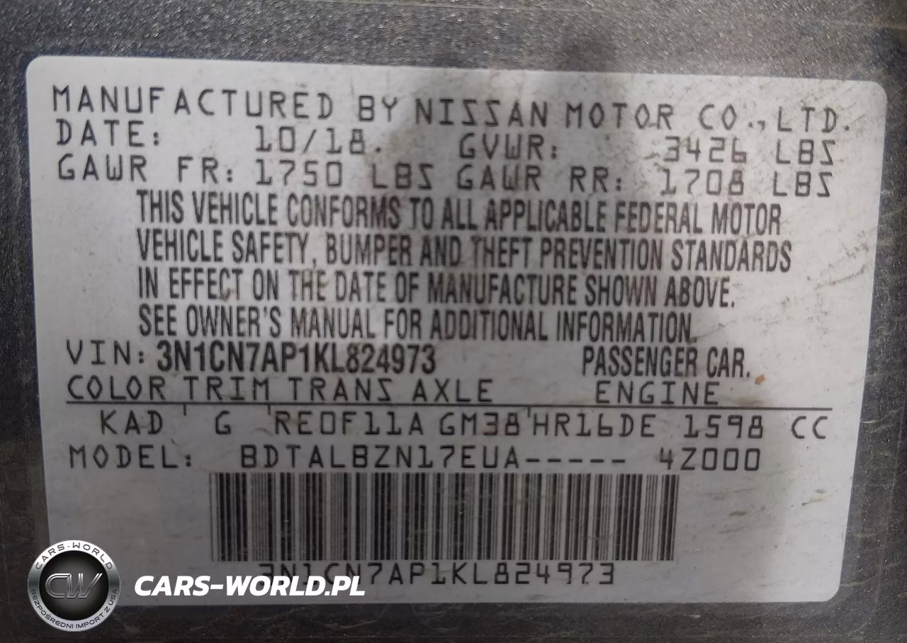 2019 Nissan Versa 1.6 Sv VIN:3N1CN7AP1KL824973 - 9