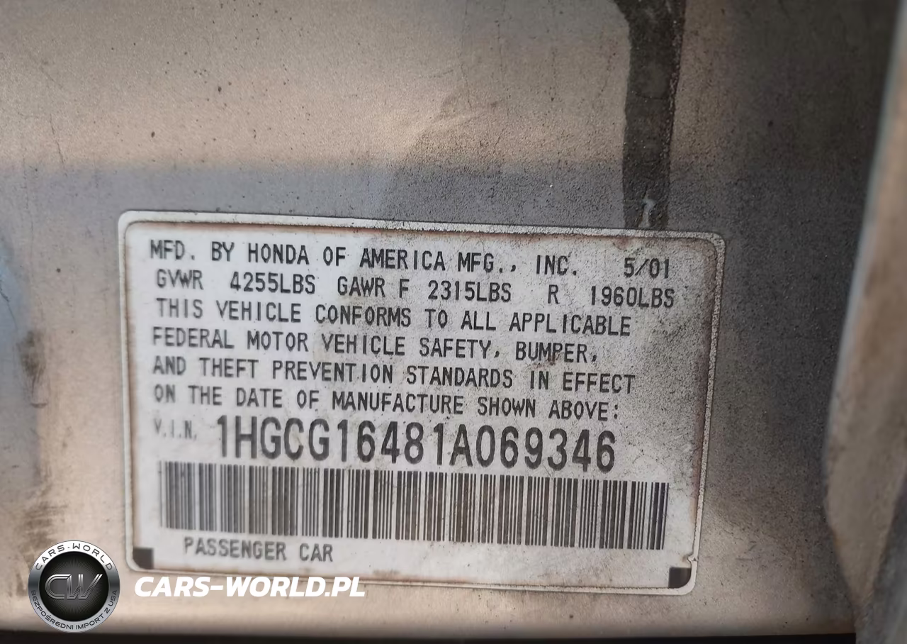 2001 Honda Accord 3.0 Lx VIN:1HGCG16481A069346 - 9