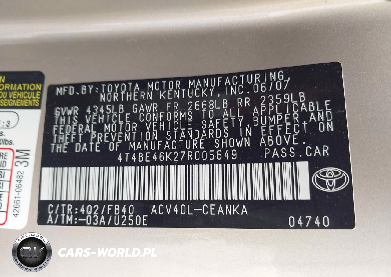 2007 Toyota Camry Le VIN:4T4BE46K27R005649 - 9