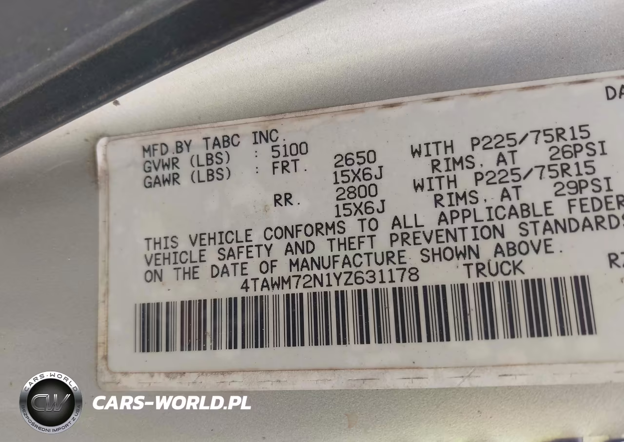 2000 Toyota Tacoma VIN:4TAWM72N1YZ631178 - 9