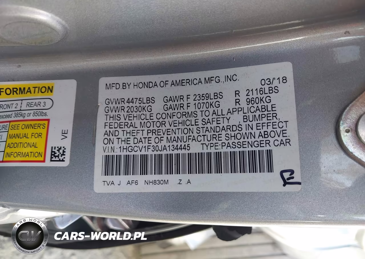 2018 Honda Accord Sport VIN:1HGCV1F30JA134445 - 9