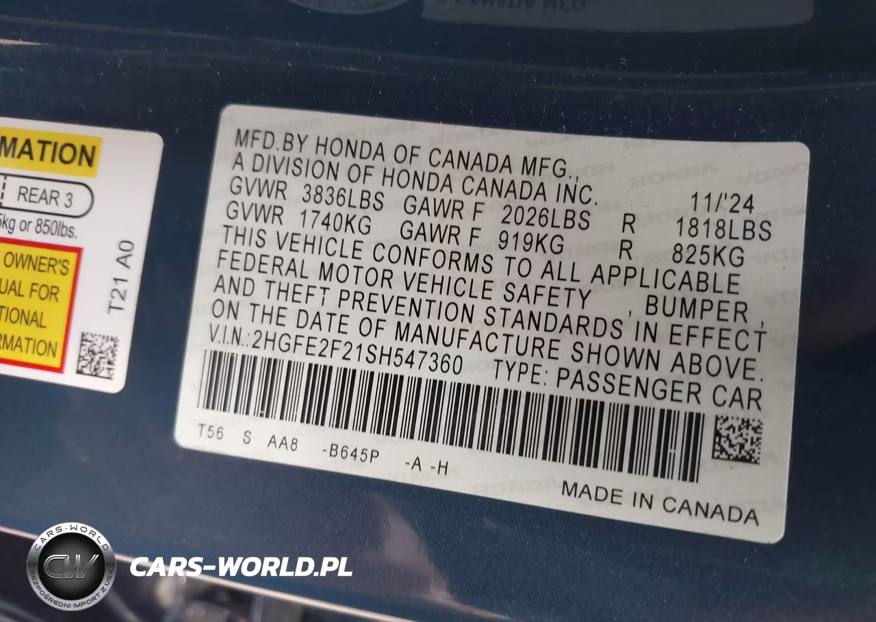 2025 Honda Civic Lx VIN:2HGFE2F21SH547360 - 9