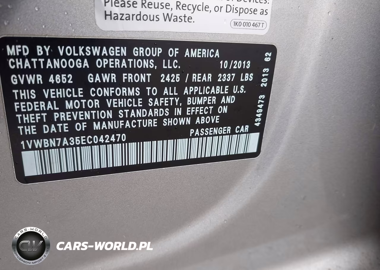 2014 Volkswagen Passat 2.0L Tdi Se VIN:1VWBN7A35EC042470 - 9