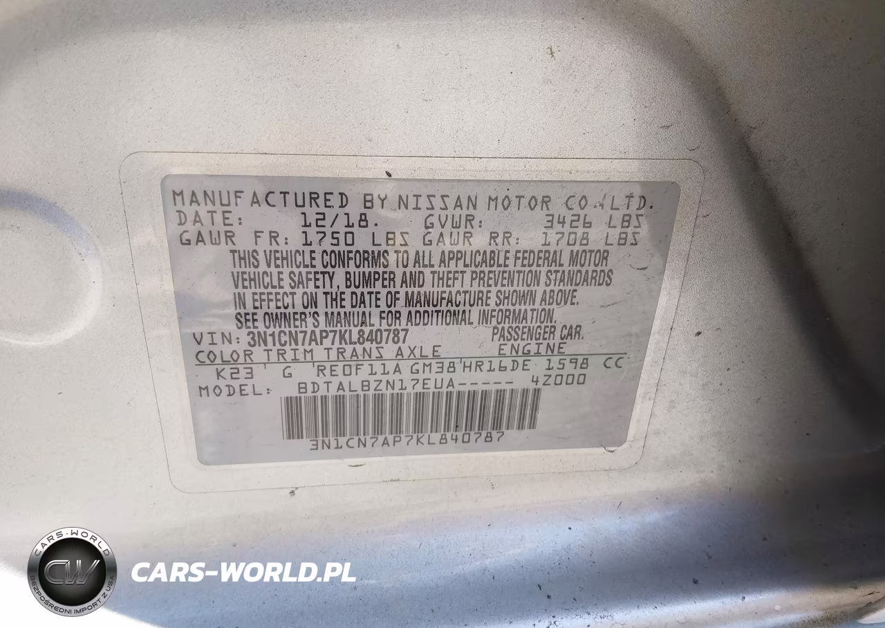 2019 Nissan Versa S-S Plus-Sv VIN:3N1CN7AP7KL840787 - 9