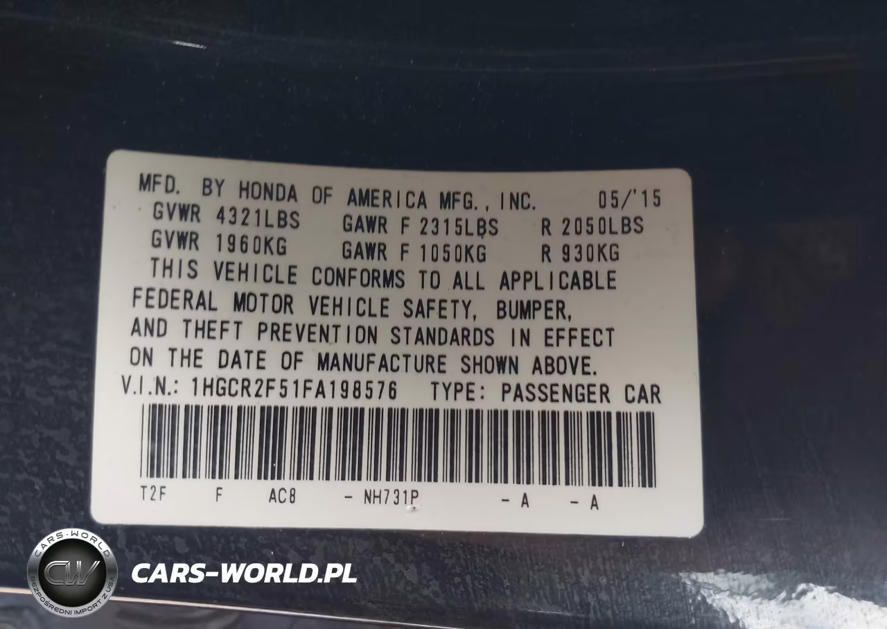 2015 Honda Accord Sport VIN:1HGCR2F51FA198576 - 9