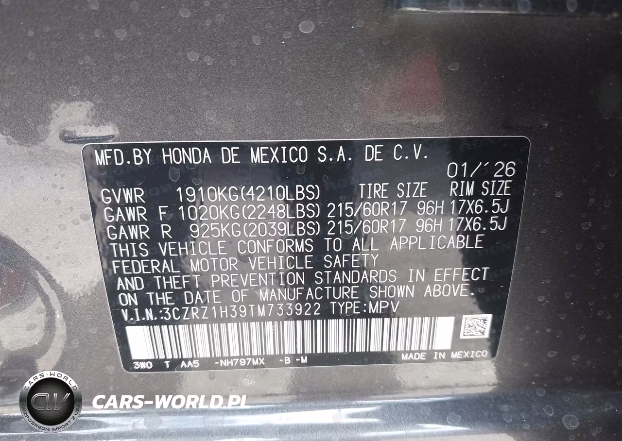 2026 Honda Hr-V 2Wd Lx VIN:3CZRZ1H39TM733922 - 9