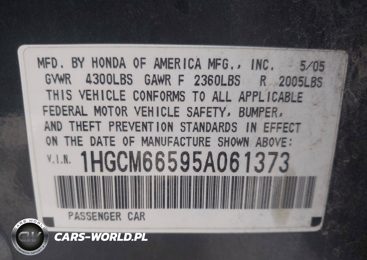 2005 Honda Accord 3.0 Ex VIN:1HGCM66595A061373 - 9