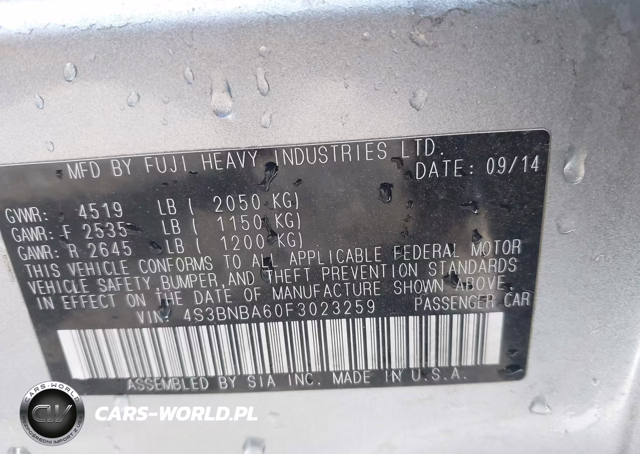 2015 Subaru Legacy 2.5I VIN:4S3BNBA60F3023259 - 9