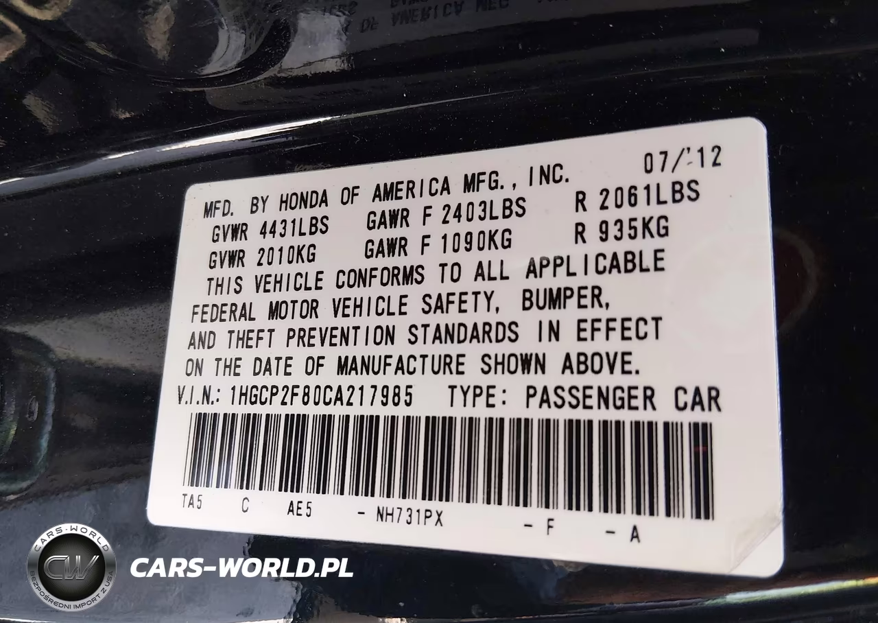 2012 Honda Accord 2.4 Ex-L VIN:1HGCP2F80CA217985 - 9