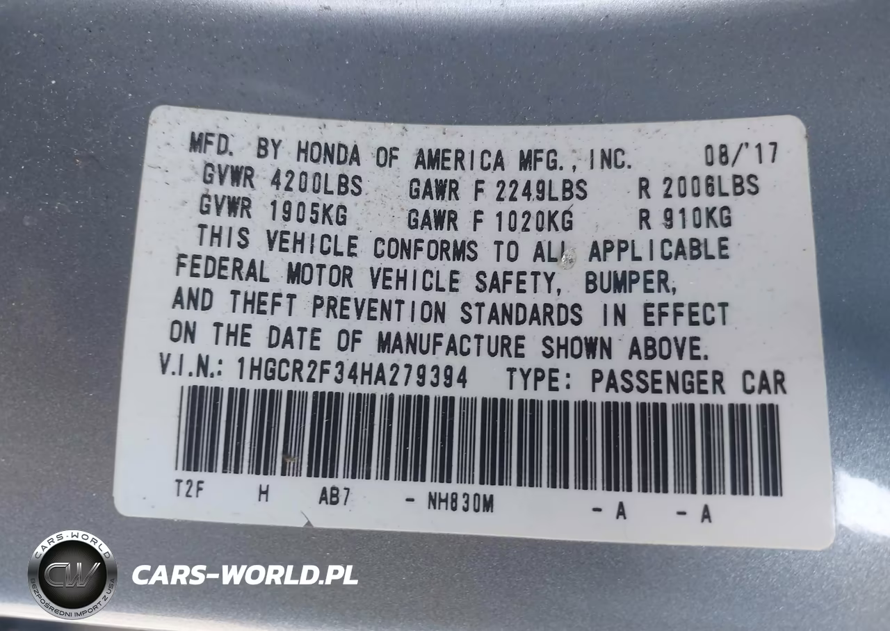 2017 Honda Accord Lx VIN:1HGCR2F34HA279394 - 9
