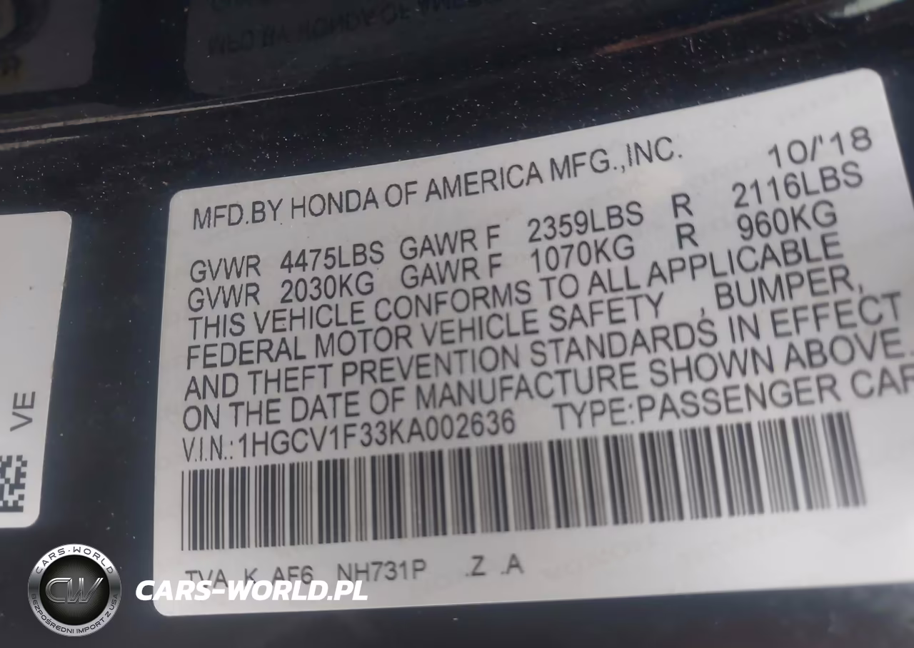 2019 Honda Accord Sport VIN:1HGCV1F33KA002636 - 9