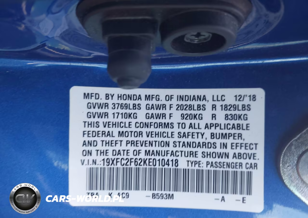 2019 Honda Civic Lx VIN:19XFC2F62KE010418 - 9